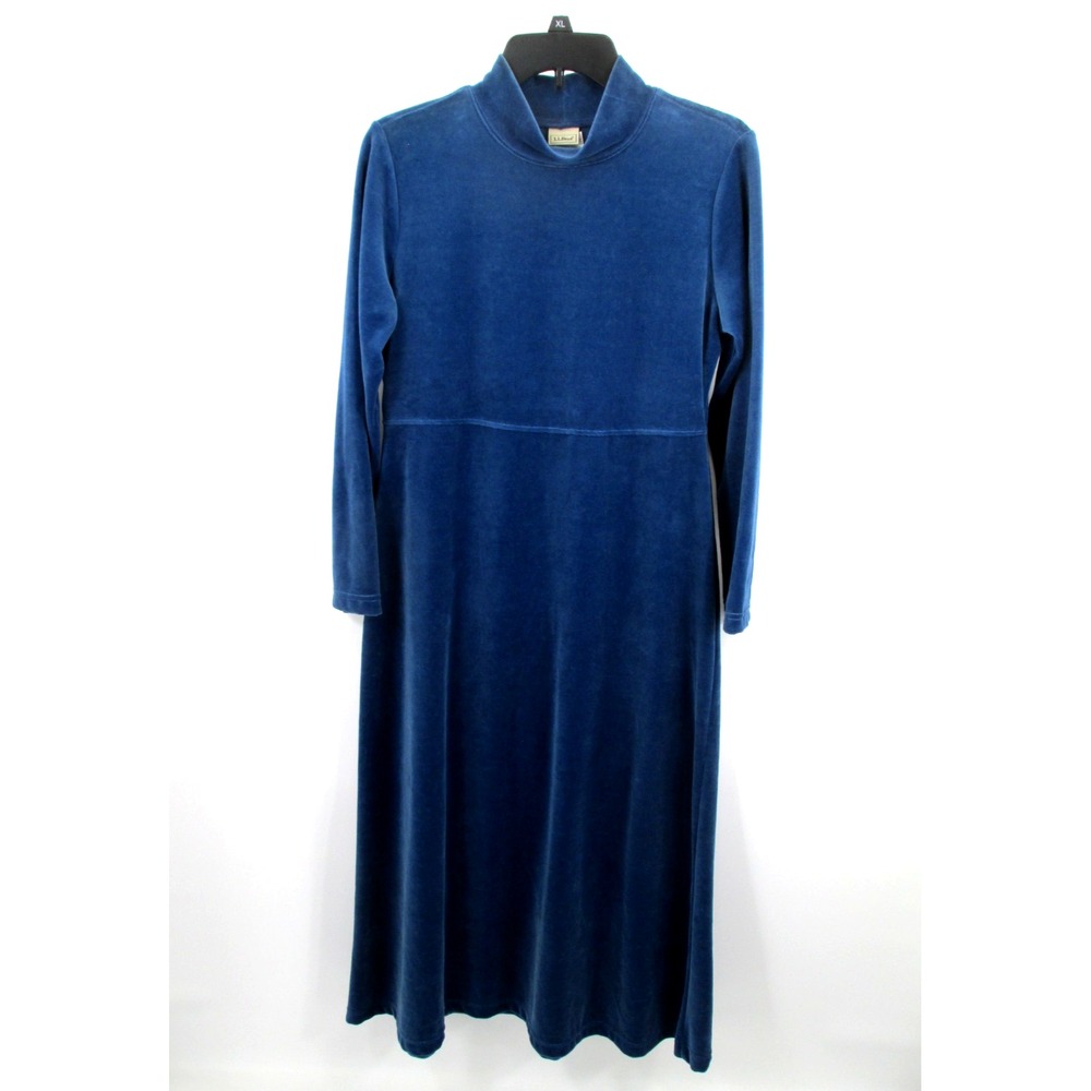 LL Bean Maxi Shift Dress Womens PS Blue Velour Mock Neck Long Sleeve 0WJ64